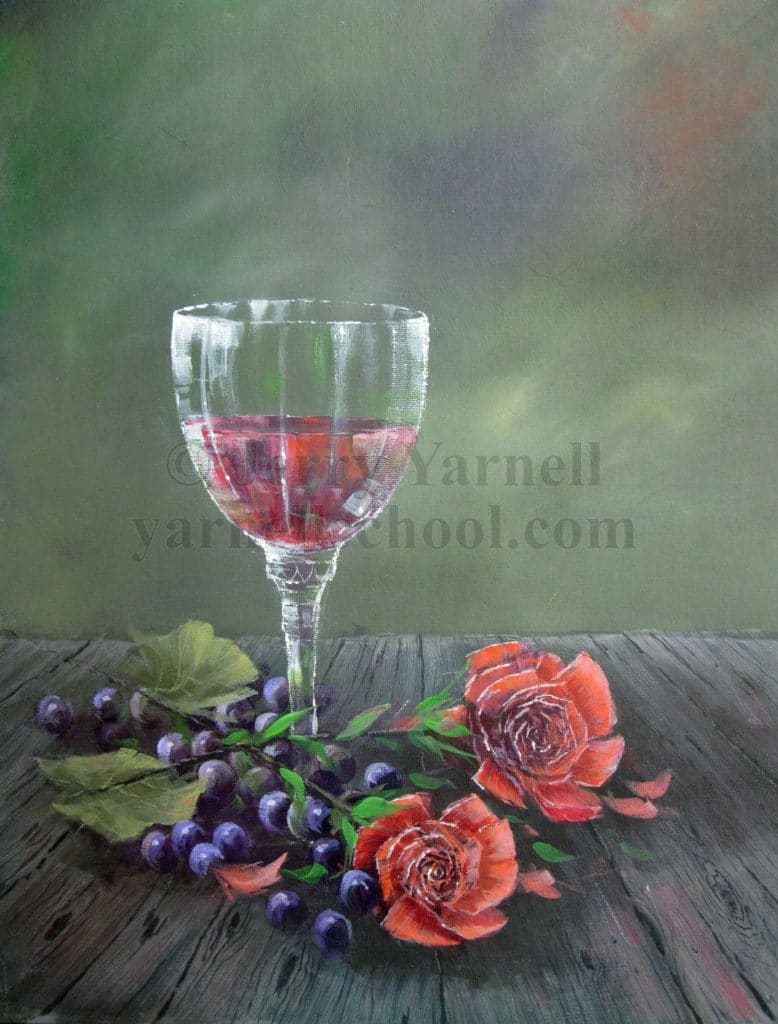 Wine and roses still life painting by Jerry Yarnell - Yarnell School Online.