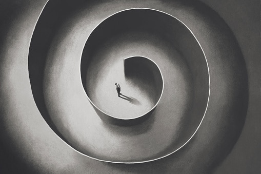 Surrealism Illustration of man lost in a circular maze, surreal abstract concept.