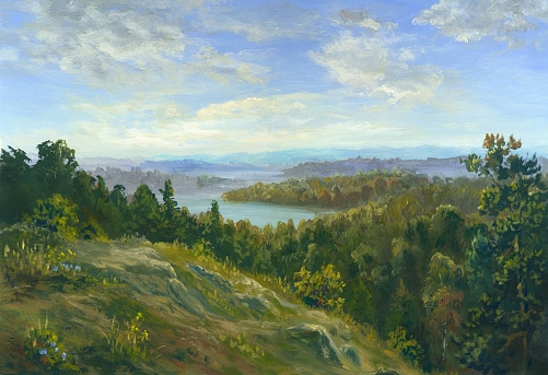 Summer oil painting landscape, impressionist art. 