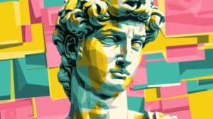 David statue merging with colorful abstract geometric background. Vibrant blend of classical sculpture and modern abstract design, mixing art styles with colorful geometric shapes. Representing one of the four main art styles - Yarnell School Online.