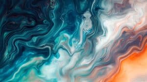 Fluid acrylic painting featuring a captivating blend of blue, white, and orange, creating an abstract composition with swirling patterns and smooth transitions AI generated. Mastering Acrylic Blending - Yarnell School Online