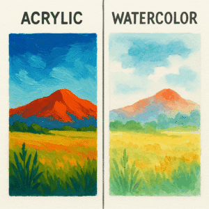 Mountain scene depicted in Acrylic vs. Watercolor Painting, AI Generated - Yarnell School Online