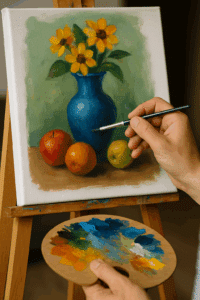 An artist adding shadows and highlights to a still life acrylic painting in progress. AI generated - how to create depth with acrylics - Yarnell School of Fine Art