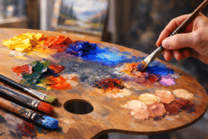 Painter color mixing on a painter's palette.