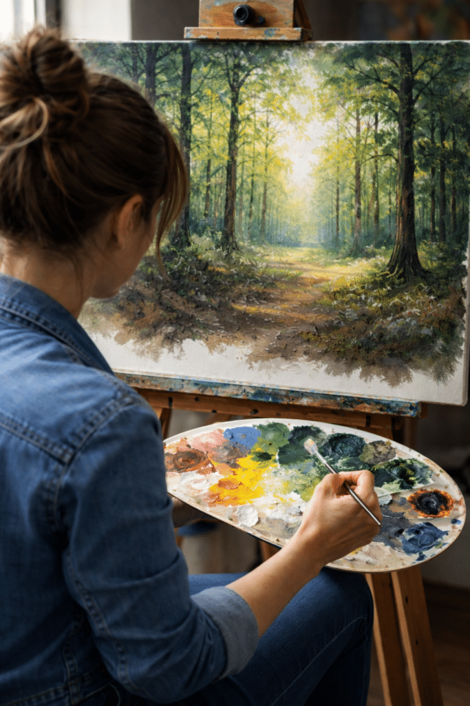 Female artist painting a forest scene where she has muddy colors in the underbrush - What Causes Muddy Colors in Painting, AI Generated - Yarnell School Online