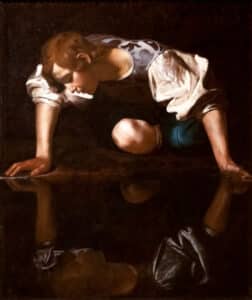 Narcissus, a painting by the Italian Baroque master Caravaggio. The classical myth of Narcissus, Metamorphoses , oil on canvas, work of art by Michelangelo Merisi da Caravaggio. National Gallery of Ancient Art, Rome, Italy, Dramatic use of chiaroscuro.
