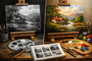 Artist studio desk with grayscale painting study on an easel and a palette with only black, white, and gray paint on the left side. On the right side a partially finished color painting and a palette with colored paint, along with a sketchbook with value thumbnails laying bottom center of image. Why Artists Should Paint Value Before Color, AI generated - Yarnell School of Fine Art