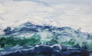 Watercolor painting of ocean waves with a cloudy sky. Choosing Painting Medium - Watercolor painting- Yarnell School of Fine Art