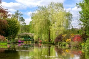 The water garden of Claude Monet in spring. Claude Monet water garden, which served as a model for the series of water lilies, is inspired by Japanese gardens. Landscape & Sky Painting Techniques - Yarnell School Online