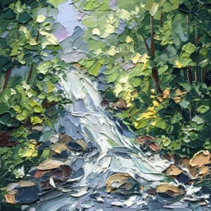 Forest waterfall stream in lush green foliage impasto landscape painting with rocks and fresh spring light. impasto painting - Yarnell School of Fine Art