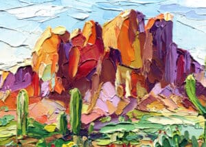 Desert cactus impasto oil painting with red rock mountains colorful southwest landscape textured canvas vibrant wall art decor. painting texture techniques - Yarnell School of Fine Art