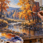 Artist hand painting an Autumn scene with Warm and Cool Colors Painting on Autumn Canvas - Yarnell School of Fine Art